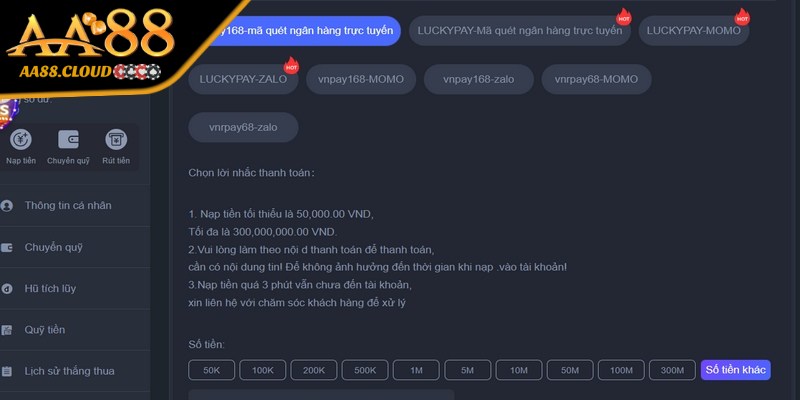 Dịch vụ nạp tiền AA88 siêu đơn giản và nhanh chóng 